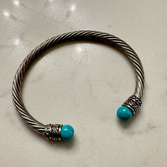 Silver Cable Bracelet with Faux Turquoise - Adjustable Silver Tone Cable Cuff - Picture 9 of 13